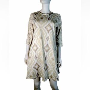 Gretchen Scott Swing Dress Sz S Pockets 3/4 Sleeve Stretch Nuetral Ikat Scuba